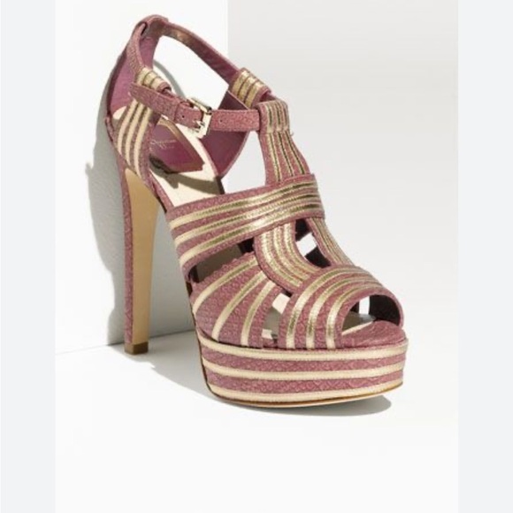 Christian Dior Pink Lizard Skin Cage Heel with Metallic Gold Accent. Size 40. - Picture 1 of 12